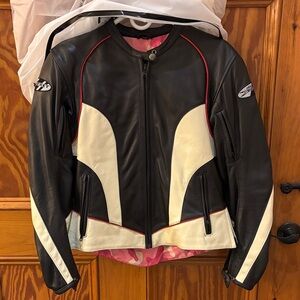 Joe Rocket Black and White Leather Motorcycle Jacket with Red Piping